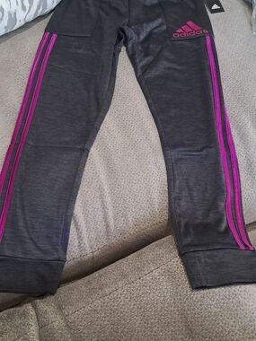 Girls adidas Charcoal Joggers with Magenta Side Stripes